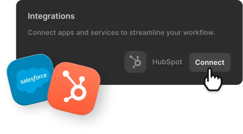 Integration section showing Salesforce and HubSpot icons with a cursor clicking the Connect button for HubSpot.